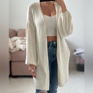 Women's Cream Open-Front Sweater GUC oversized pockets S/m summer crochet
